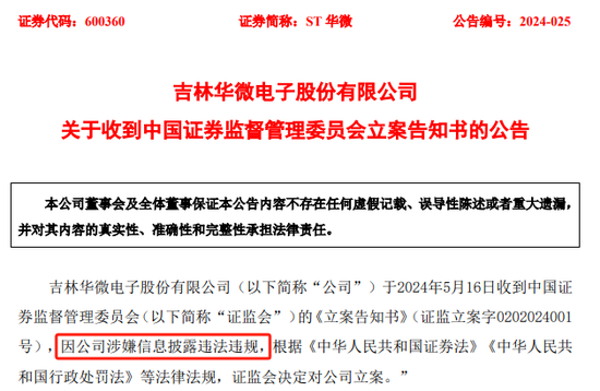 ST华微因涉嫌信息披露违法违规，收到中国证监会的《立案告知书》  第1张