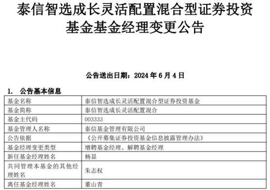 泰信基金2只混基增聘基金经理杨显 董山青离任  第2张