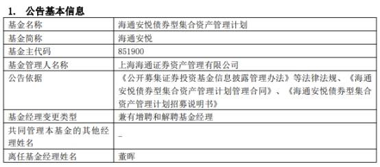 海通安悦债券增聘基金经理肖彦 董晖离任