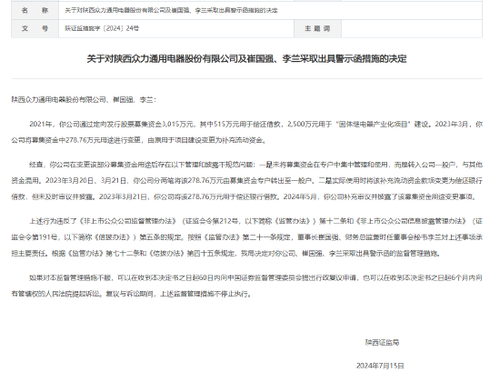 新三板公司众力股份(836981)变更募集资金用途，存在两大问题，收陕西证监局警示函，主办券商为招商证券  第1张