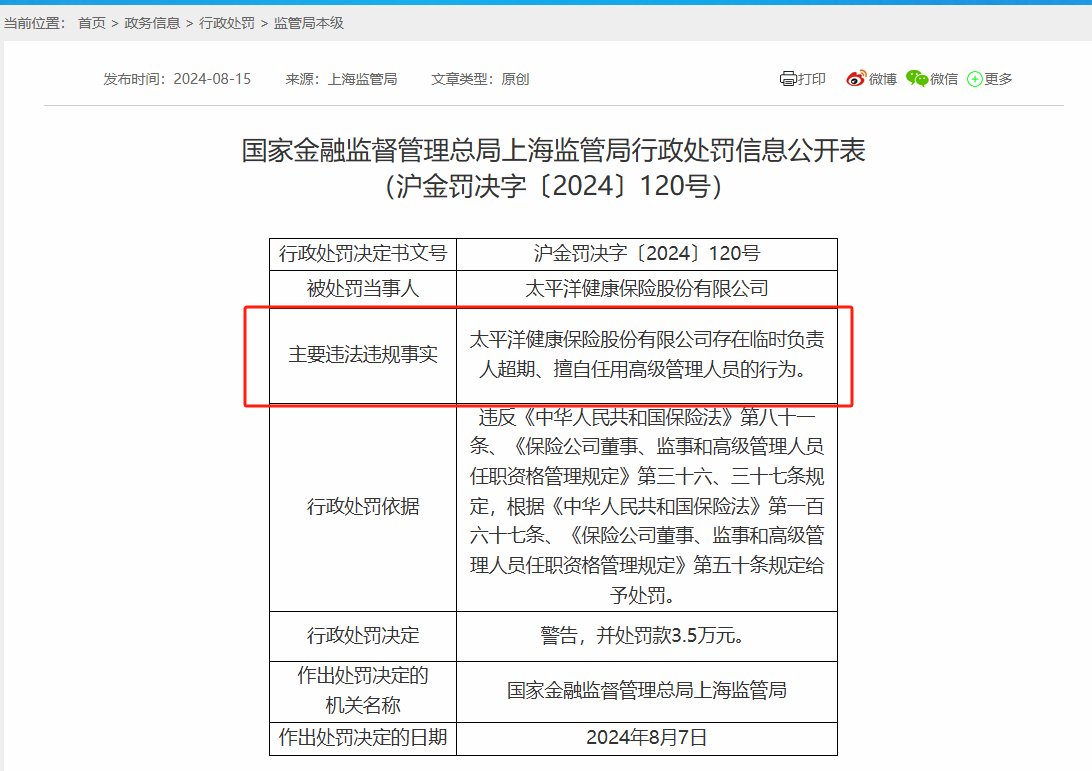 未经审批擅自任用高管人员 太平洋健康险及现任总经理双双收罚单 处罚理由却是“时任”