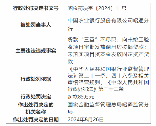 中国农业银行昭通分行被罚85万：因未落实项目资本金发放固定资产贷款等三项违法违规事实  第1张